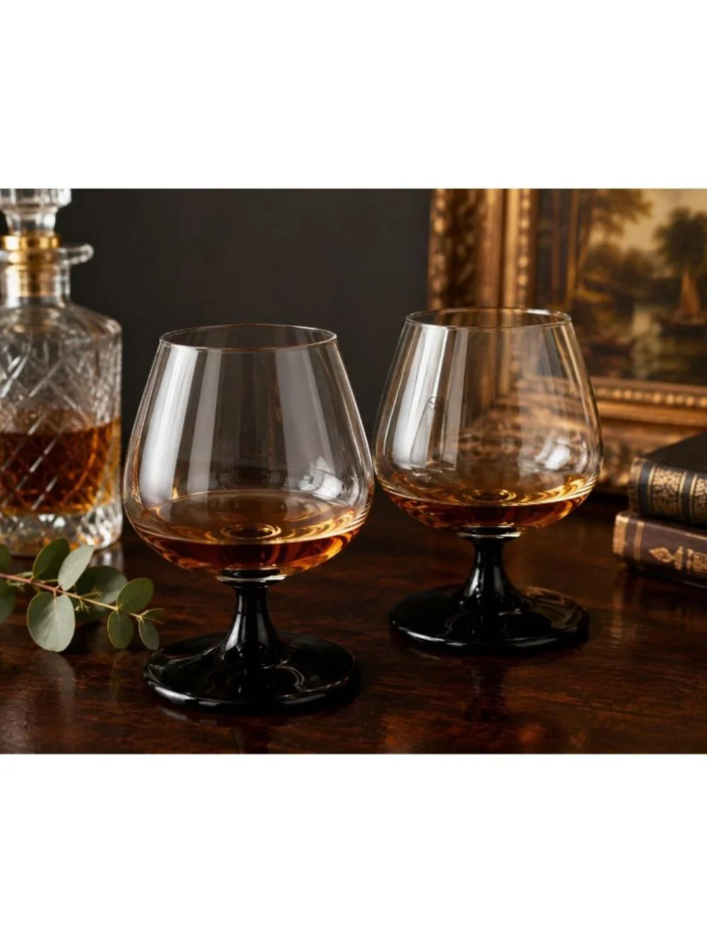 Vintage Luminarc Domino Cognac Glasses Set of 2 Black Stem French Brandy Snifter